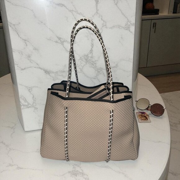 Annabel Ingall Sporty Spice Neoprene Tote Gray Mushroom Perforated Duffle +Pouch - Picture 1 of 10